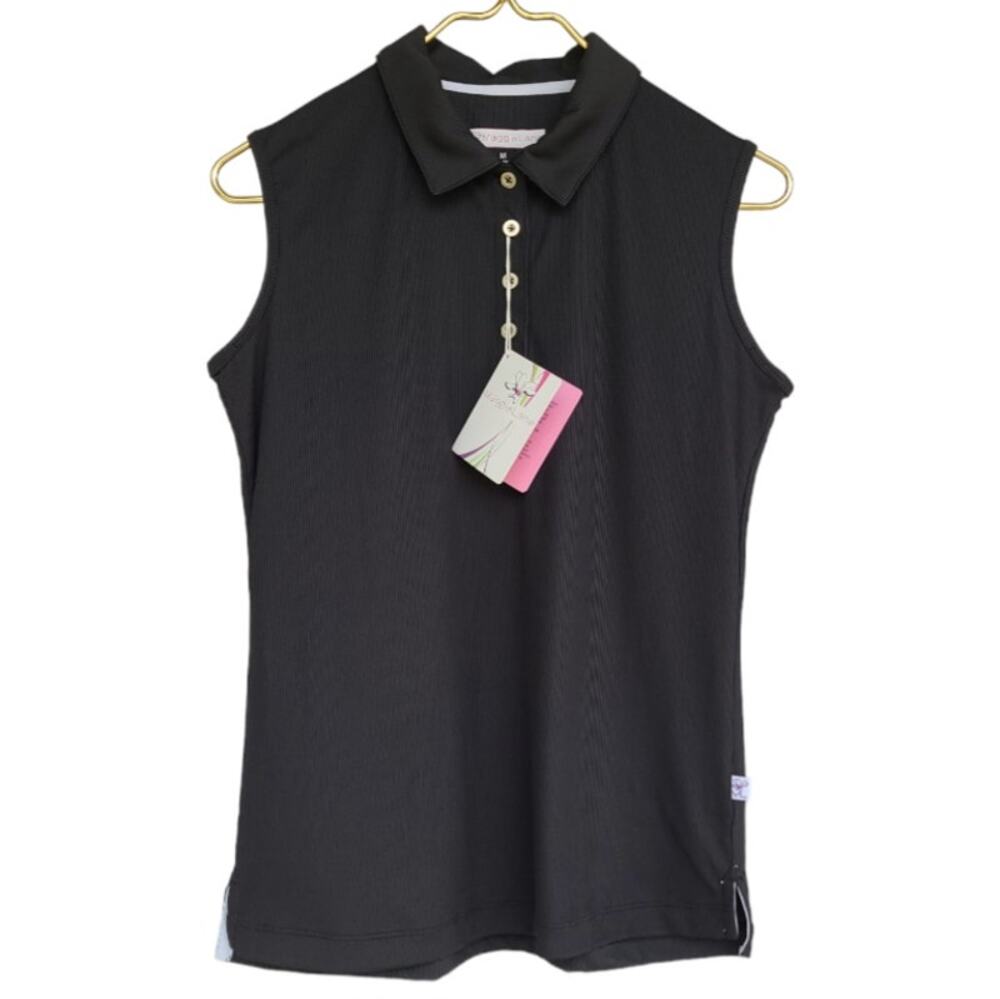 NWT Maggie Lane Ribbed Polo Tank Top SPF 30 Black M Golf Tennis Moisture Wicking